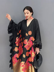 Floral Luxe Oversized Ruffle Batwing Long Sleeve Dress