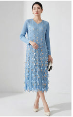 Plissé Metallic Floral Dress