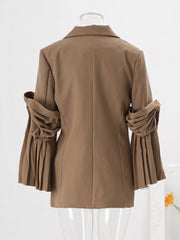 Women's Brown Blazer with Pleated Knotted Sleeves