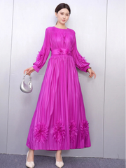Floral Plissé Long Sleeve Dress