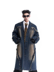 Men's Rugged Denim Streetwear Long Coat