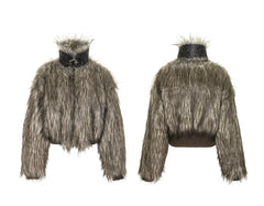 Women's Brown Shaggy Faux Fur Cropped Jacket