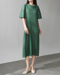 Balloon-Sleeve Pleated Dress