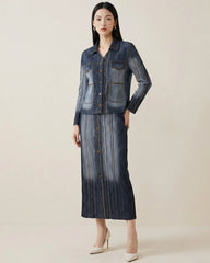 Denim Printed Pleated Skirt Set