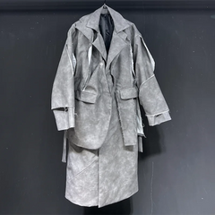 New! Men's Gray Distressed Vegan Leather Trench Coat