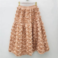 Rose Tulle Romantic Flared Midi Skirt