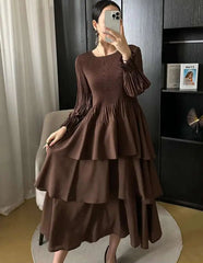 Pleated Lantern Sleeve Ruffle Dress