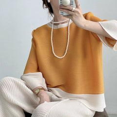 Plissé Round Neck Pleat Blouse Top