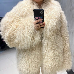 Women's Elegant Real Mongolian Sheep Fur Coat