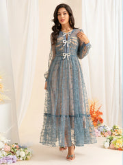 Elegant Blue Embroidered Mesh Long Dress