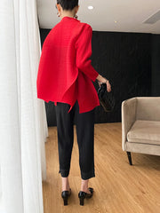 Luxury Red Pleated Asymmetrical Plissé Cardigan