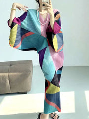 Pleated Geometric Batwing Dress