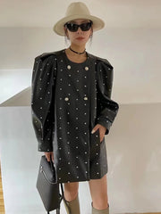 Vegan Leather Polka Dot Puff Shoulder Coat