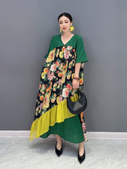 Green & Yellow Floral V-Neck Short Sleeve Maxi Dress