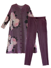 Pleated Plissé Floral Pant & Cardigan