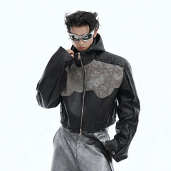 Men's Spiked Faux Leather Cropped Hooded Jacket