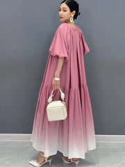 Women's New Gradient Pink Balloon Sleeve Midi Dress