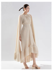 Women's Pleated Midi Dress with Elegant Cape