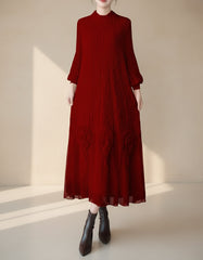 Elegant Balloon-Sleeve Pleated Dress