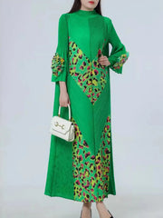 Green Couture Pleated 3/4 Sleeve Midi Dress