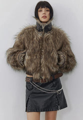 Women's Brown Shaggy Faux Fur Cropped Jacket