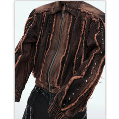 Men's Brown Denim Jacket with Padded Shoulders