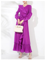 Ruffle Pleated V-Neck Dress