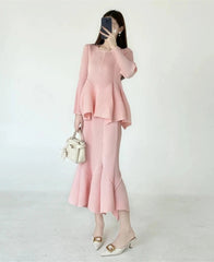 Pleated Peplum Blouse & Skirt