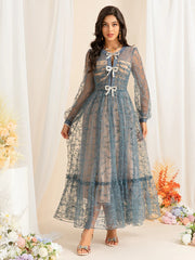 Elegant Blue Embroidered Mesh Long Dress