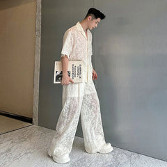 Men's Sheer 2-Piece Embroidery White Lace Suit Set