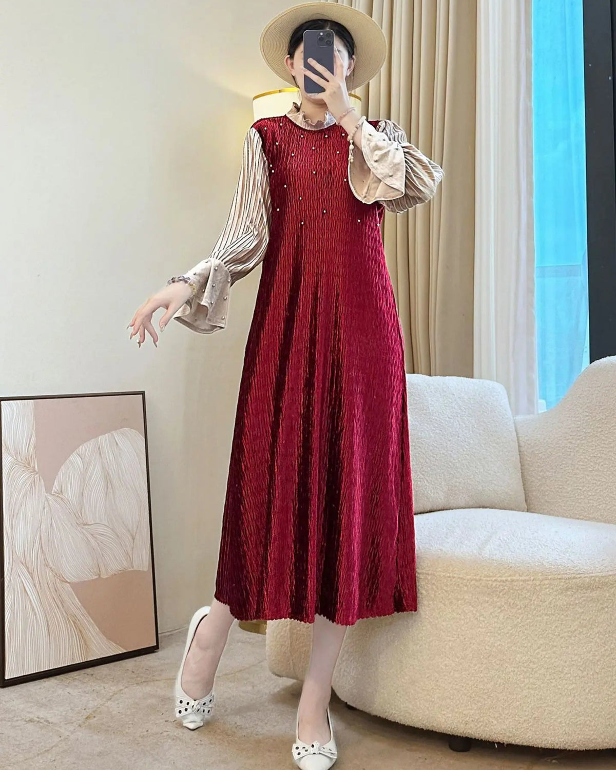 Elegant Pleated Ruffle Sleeve Dress