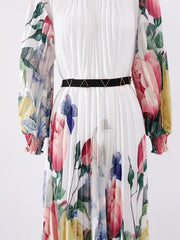 Women's Elegant Floral White Pleated Midi Dress