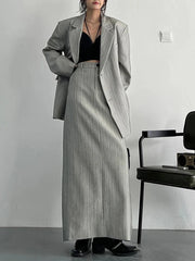 Asymmetrical Pinstripe Blazer & Maxi Skirt Suit