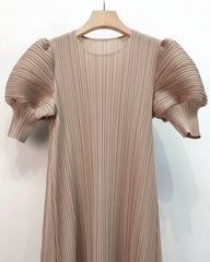 Unique Puff-Sleeve Pleated Dress