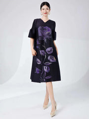 Rose Pleated Cape Sleeve Dress