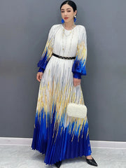 Women's Chic Blue & Gold Midi Dress - Puff Sleeves