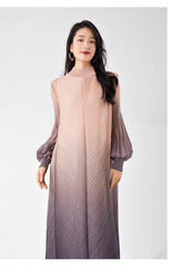 Pleated Midi Dress - Long Sleeve Puff