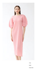 Elegant Puff Sleeve Japanese Pleated Midi Dress