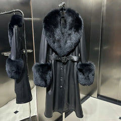 100% Real Leather Oversized Fur Belted Coat