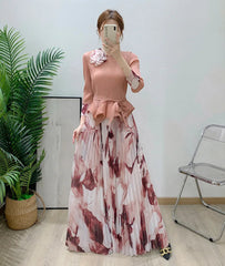 Unique Luxury Pleated Floral Top & Skirt Set