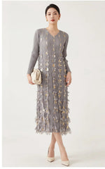 Plissé Metallic Floral Dress