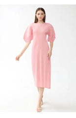 Elegant Puff Sleeve Japanese Pleated Midi Dress