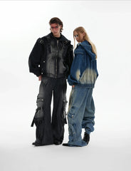 Men's 2 Piece Distressed Denim Jacket & Cargo Jeans Set