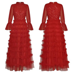 Women's Long Sleeve Sequin Maxi Tulle Dress