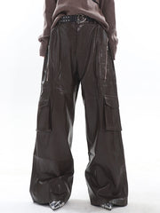 High Streetwear PU Leather Wide Leg Cargo Pants