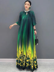 Women's Floral Green & Yellow Ombre Pleated Midi Dress