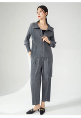 Women's 2 Piece Casual Pleated Jacket and Pants Set