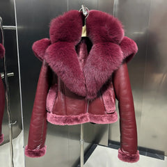 Fox Fur Trimmed Shearling Leather Hooded Jacket