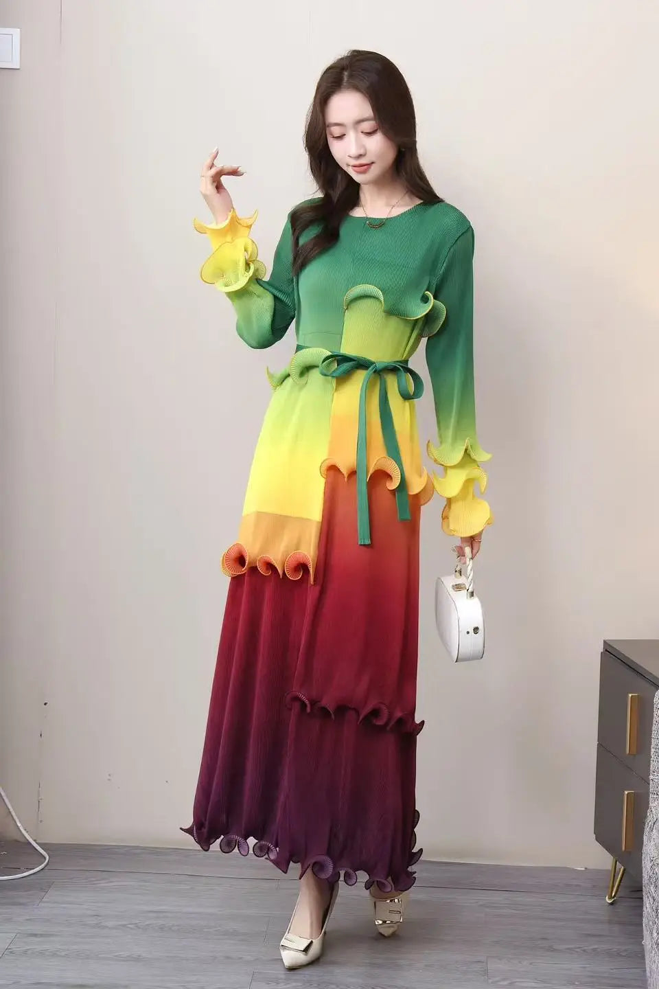 Vibrant Luxe Japanese Pleated Midi Dress