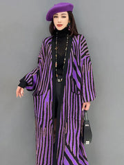Chic Long Striped Coat: Vibrant Purple and Black